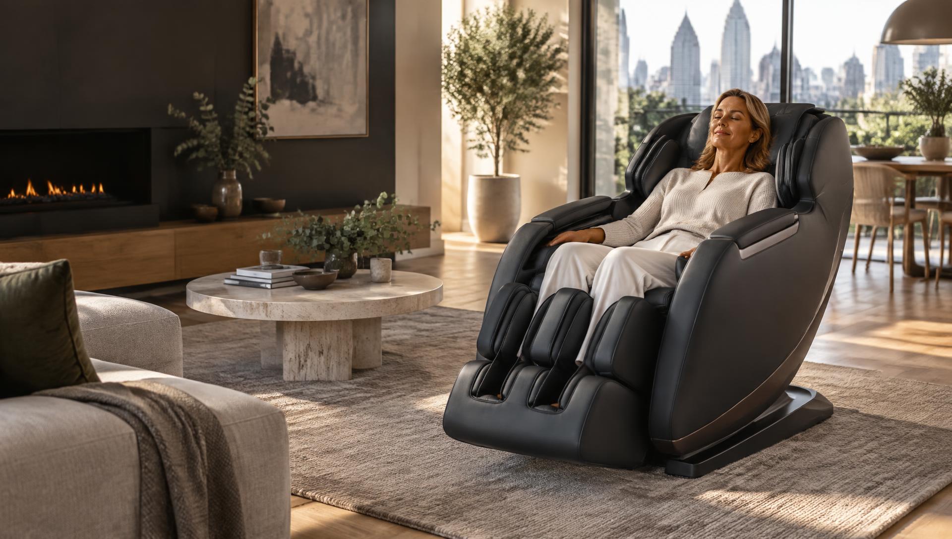Woman relaxing in a premium massage chair in a modern Australian home